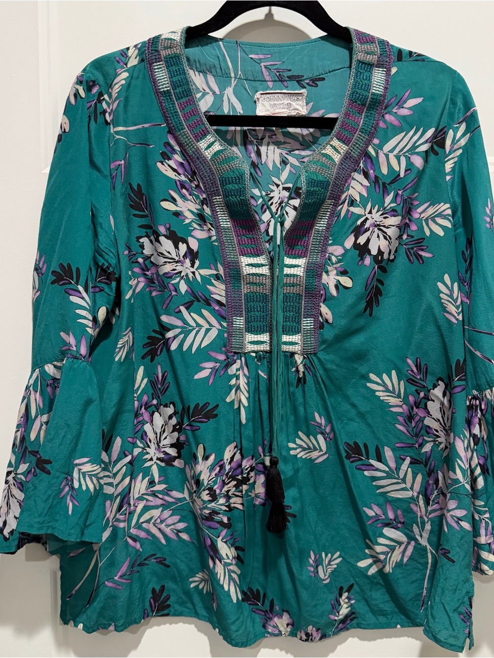 Johnny Was Teal Floral Tunic Blouse with Embroidered Yoke